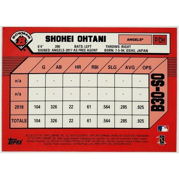 SHOHEI OHTANI REFRACTOR "1989" RETRO 2019 BOWMAN CHROME #B30-SO ANGELS, DODGERS - Picture 2 of 3